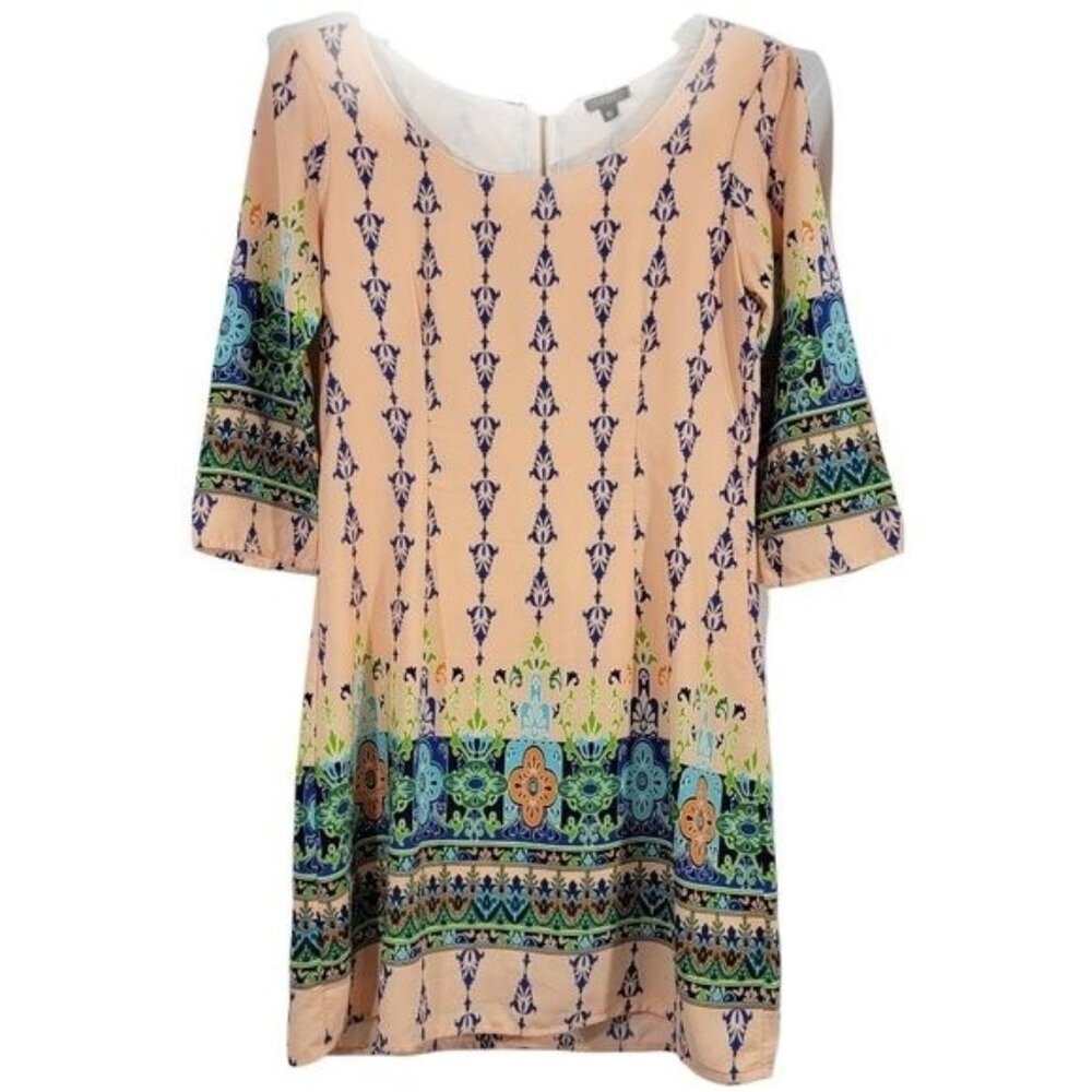 Womens Size S Isabel Peach Color Print Dress 3/4 Sleeve Zip Back